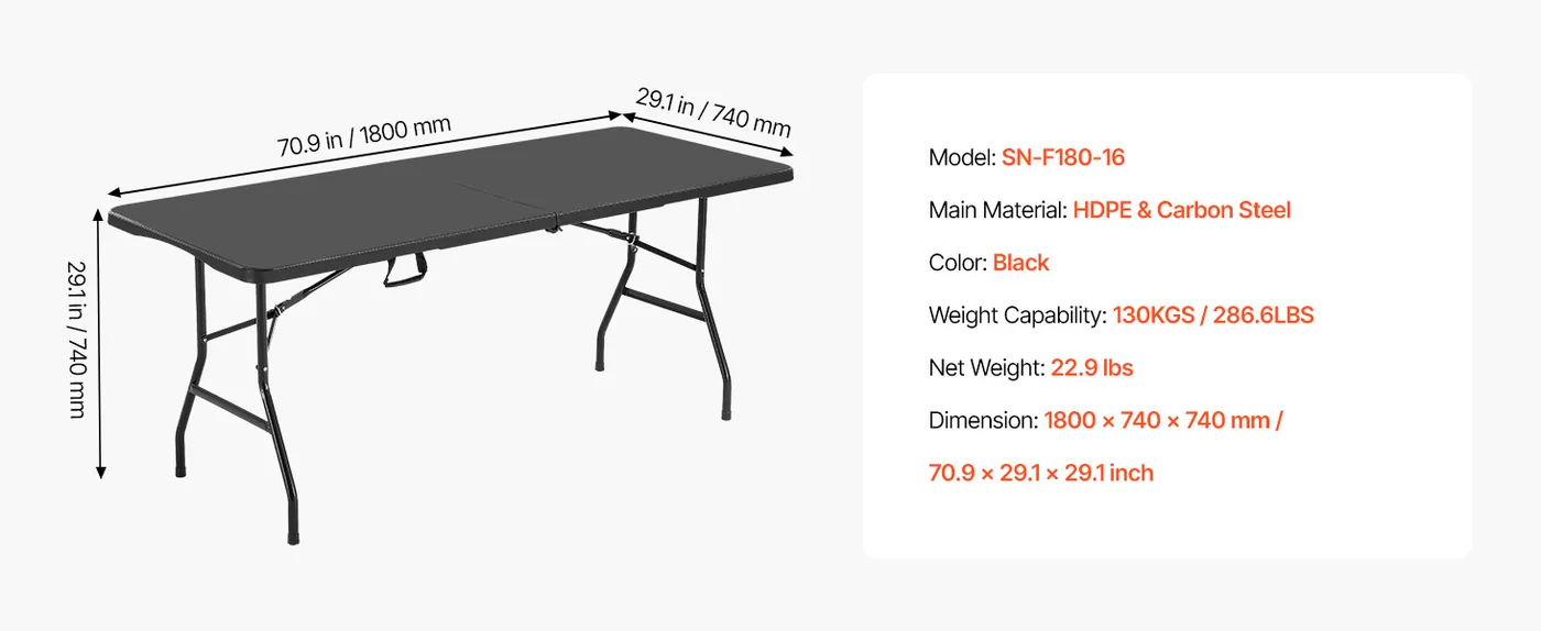 VEVOR Folding Table 6 ft Black feature 1