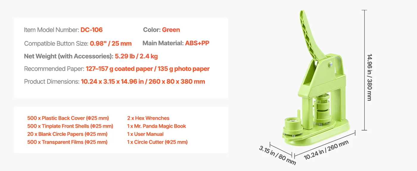 VEVOR Button Maker Machine 25mm Rotation 500pcs feature 1