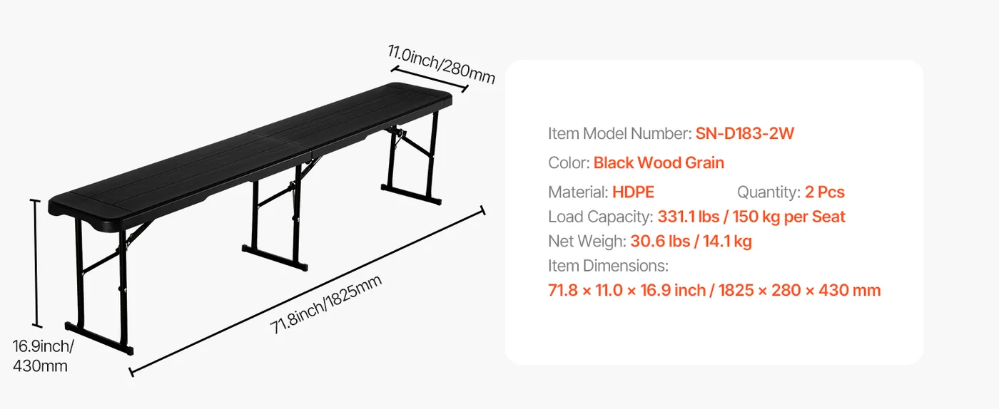 VEVOR Plastic Folding Bench Black 2 PCS feature 1