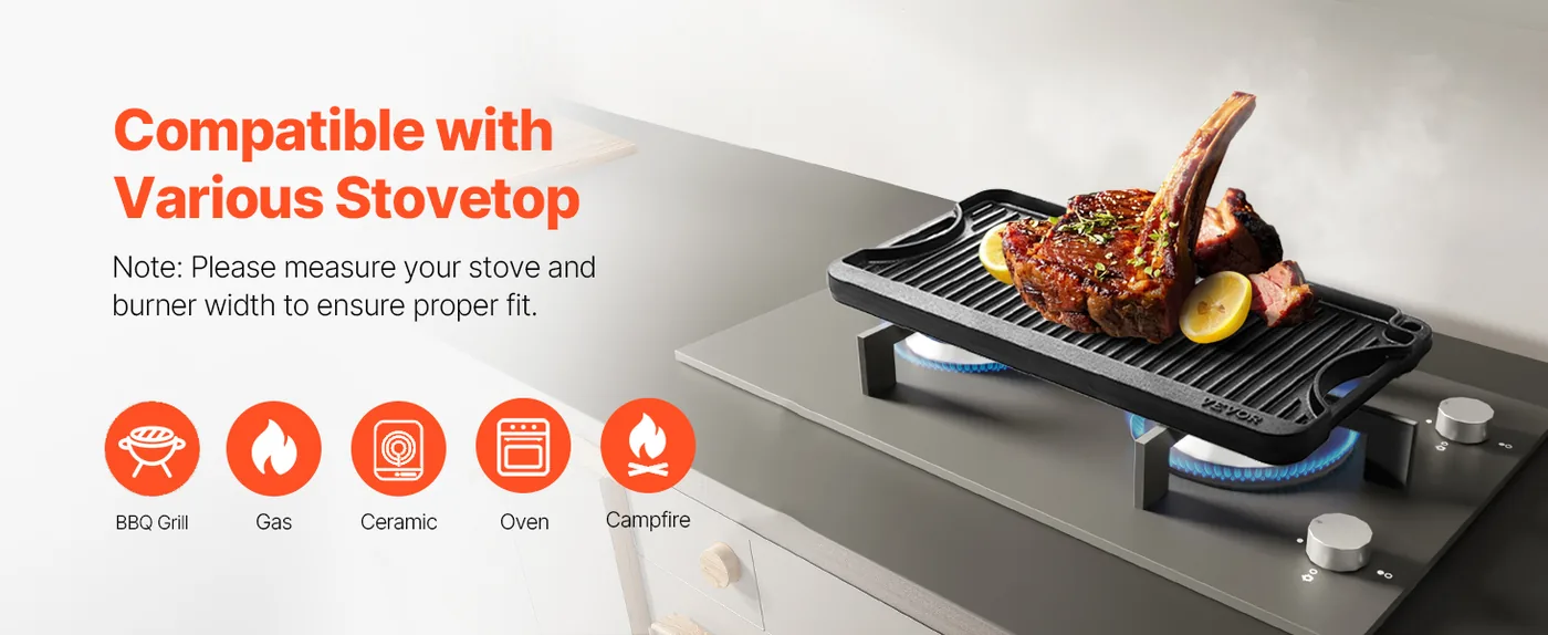 VEVOR Reversible Grill/Griddle 20 x 10 in Highy Compatible