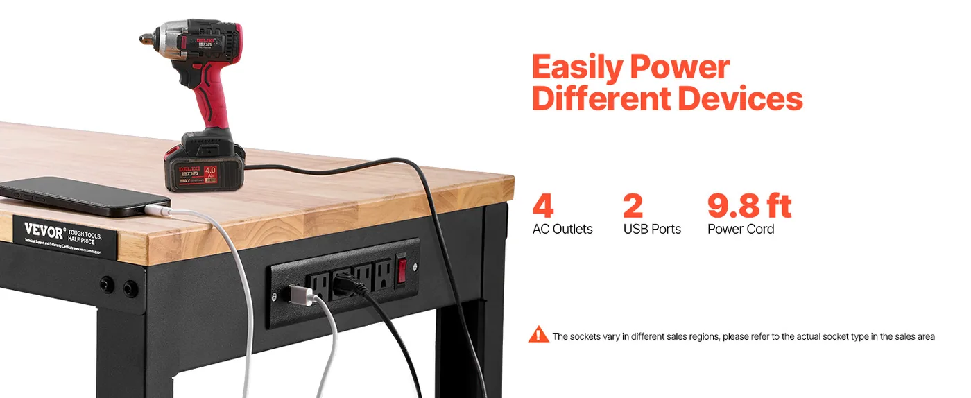 VEVOR Adjustable Workbench 48x20 inch Convenient Power Supply