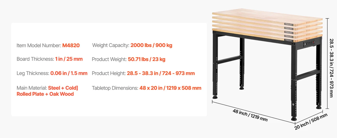 VEVOR Adjustable Workbench 48x20 inch feature 1