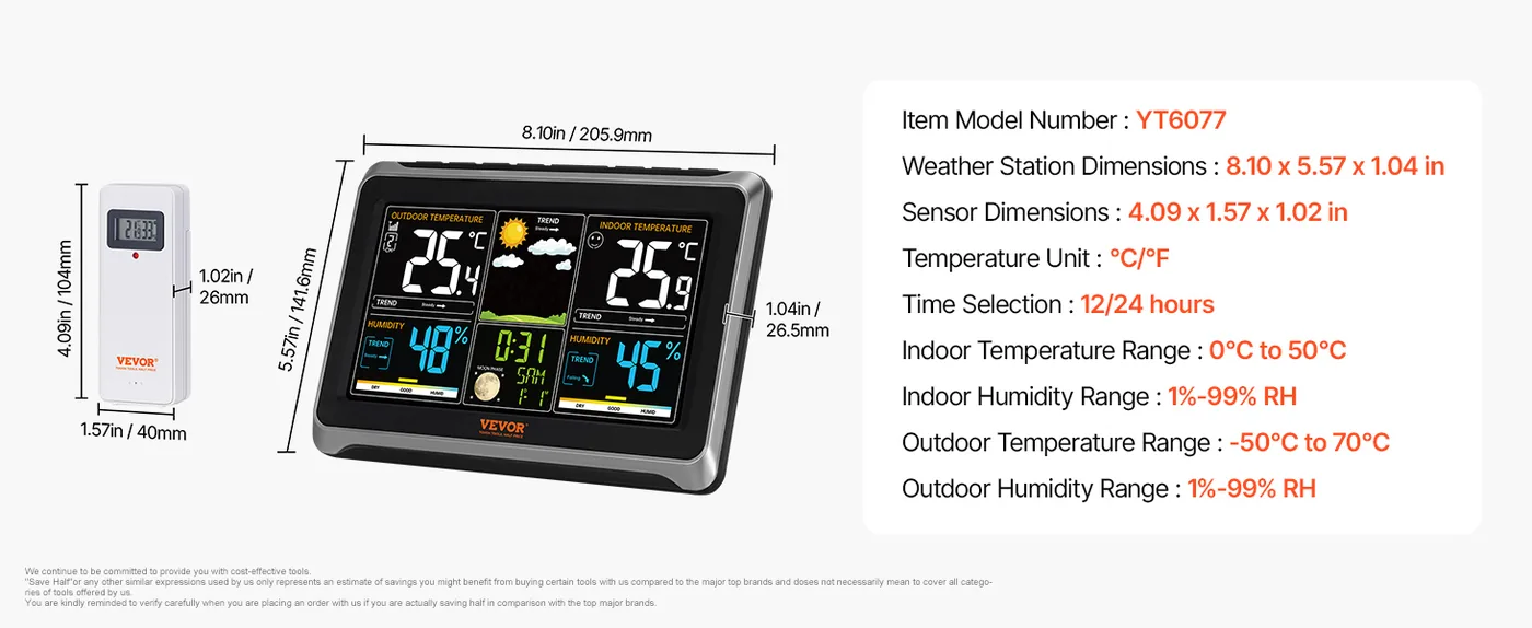 VEVOR Weather Station Indoor Outdoor 2-in-1 Sensor Wireless feature 4