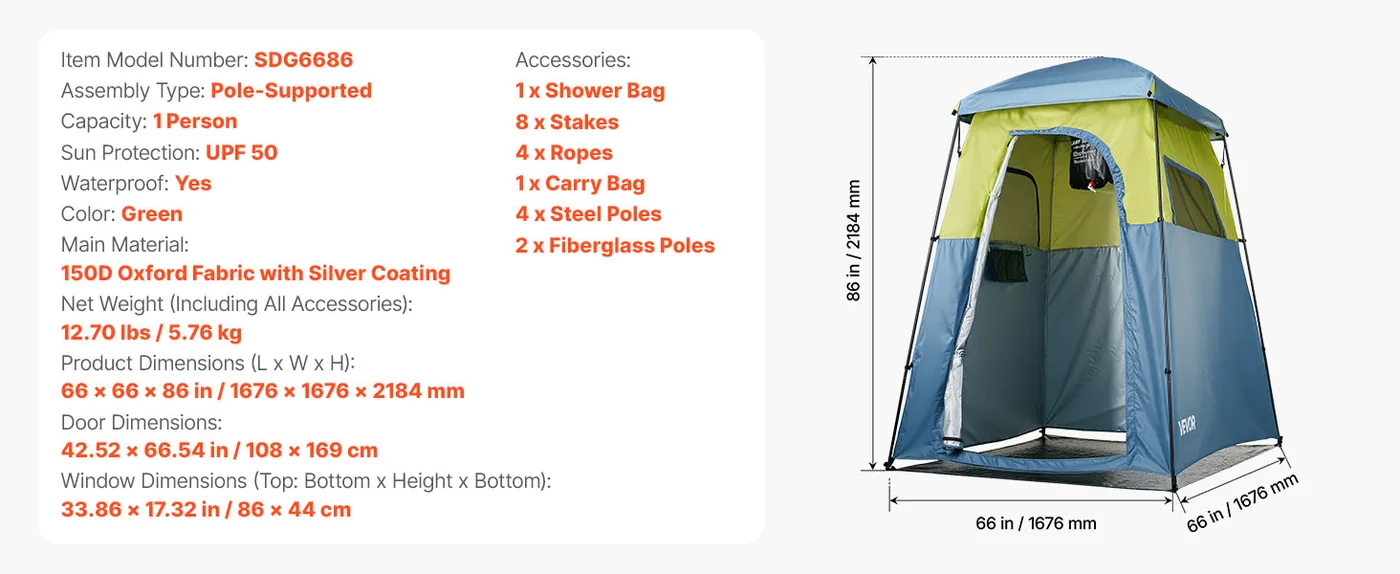 VEVOR Camping Shower Tent L66 x W66 x H86 inch Single Player feature 5
