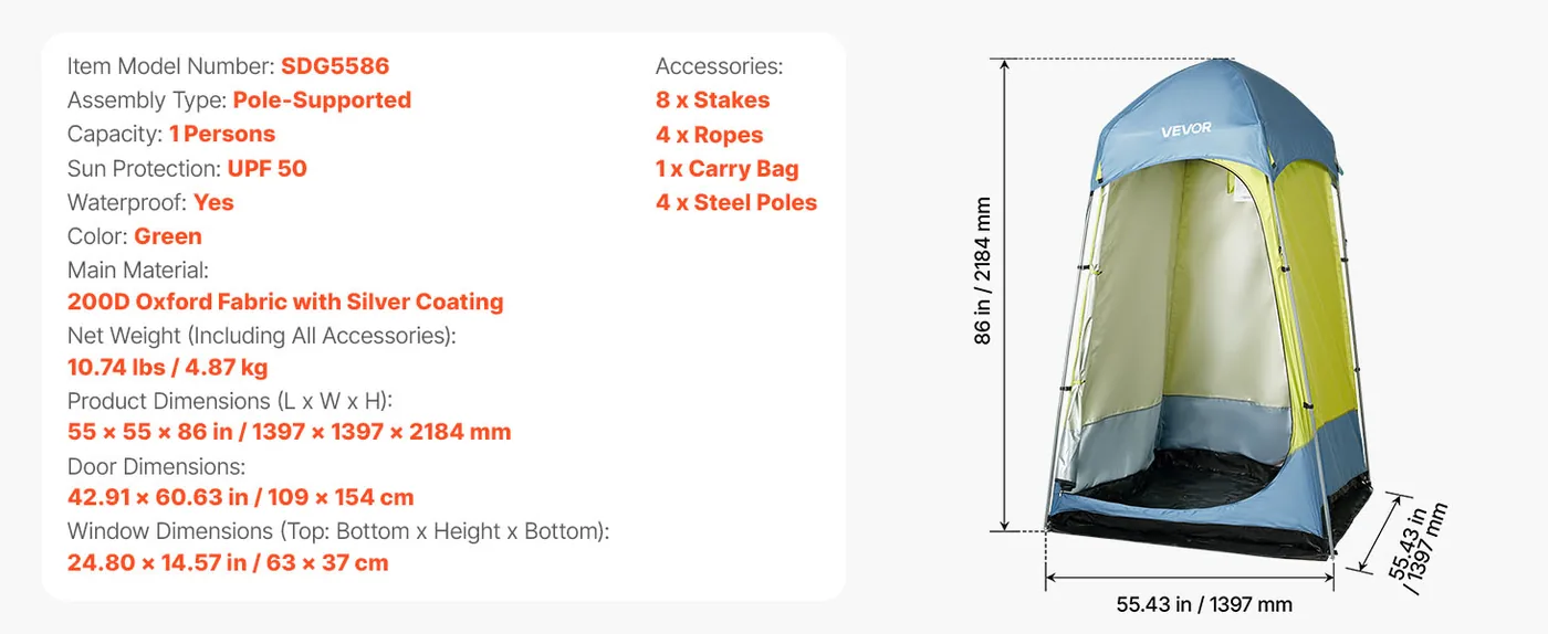 VEVOR Camping Shower Tent L55 x W55 x H86 inch Single Player feature 5
