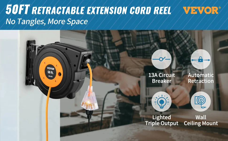 VEVOR 50ft Retractable Extension Cord Reel 14AWG/3CSJTOW Pow overview