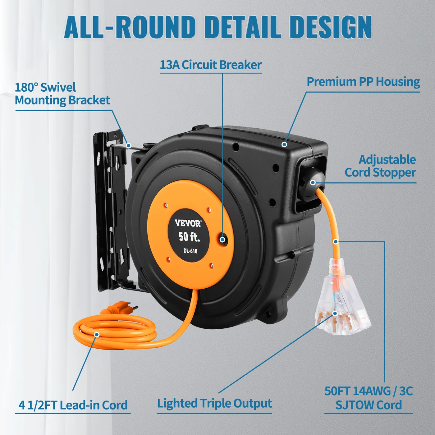VEVOR 50ft Retractable Extension Cord Reel 14AWG/3CSJTOW Pow feature 1