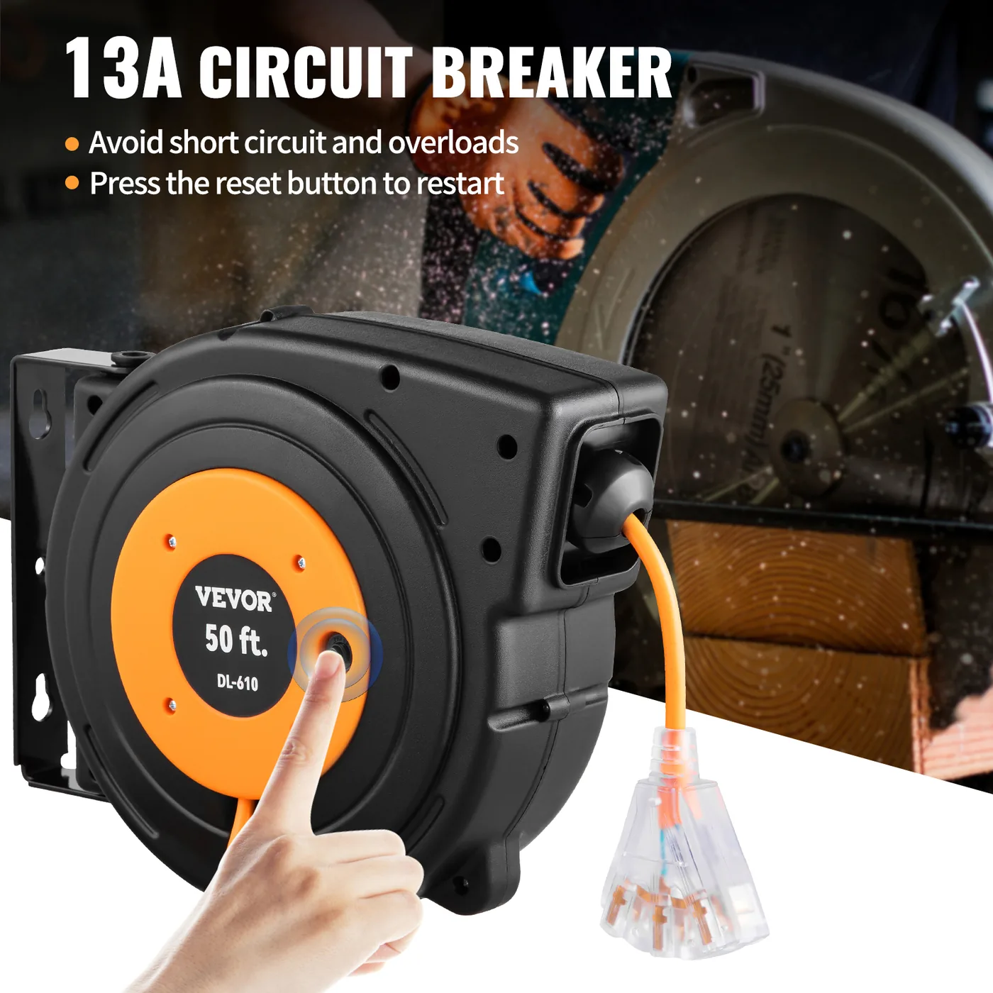 VEVOR 50ft Retractable Extension Cord Reel 14AWG/3CSJTOW Pow feature 2