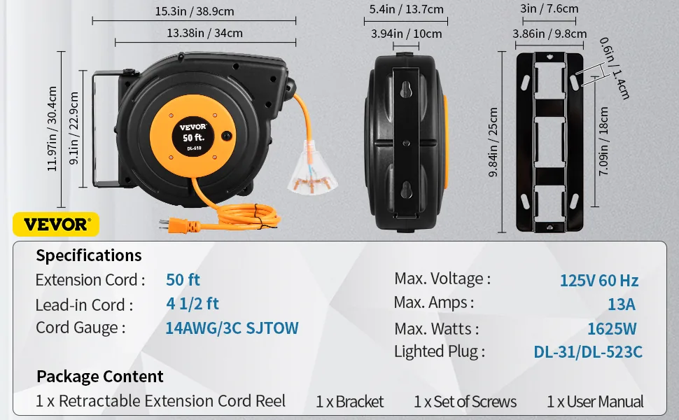 VEVOR 50ft Retractable Extension Cord Reel 14AWG/3CSJTOW Pow feature 5