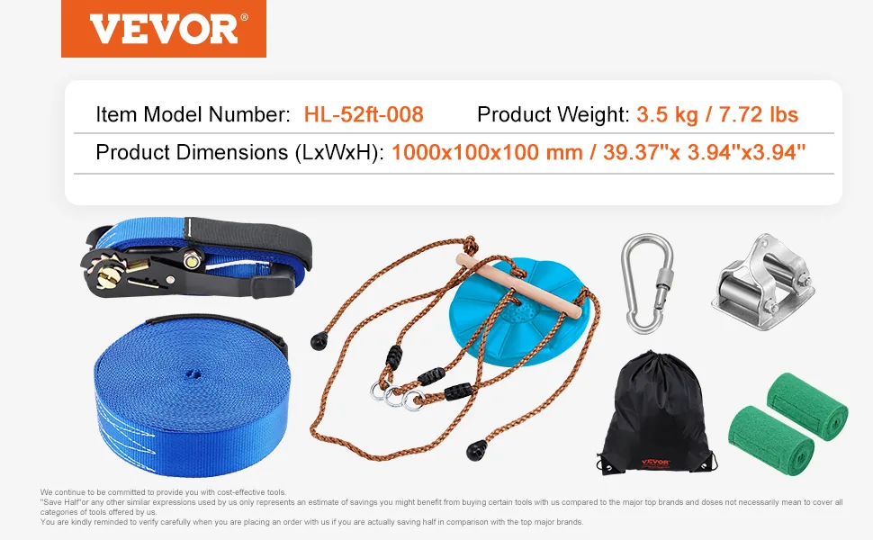 VEVOR Zipline Kit for Kids and Adult Nylon 52 ft feature 5