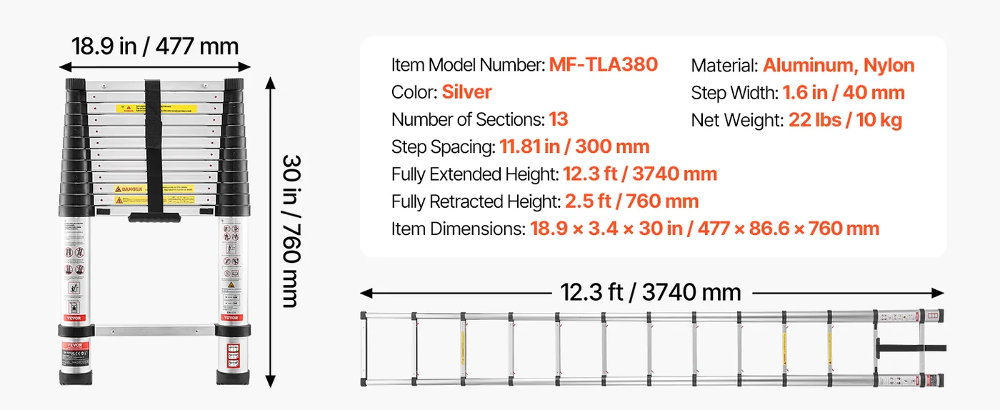 VEVOR 12.5ft Telescoping Ladder 12.5 ft feature 1