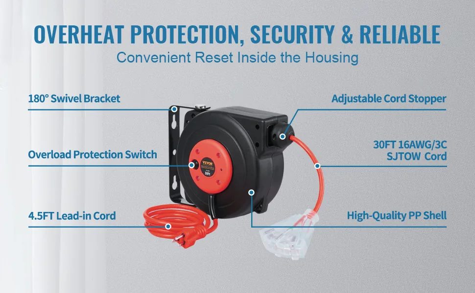 VEVOR Retractable Extension Cord Reel 30 ft Red+Black feature 3