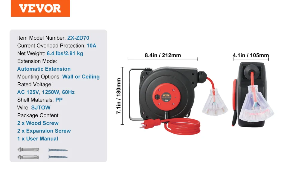 VEVOR Retractable Extension Cord Reel 30 ft Red+Black feature 5