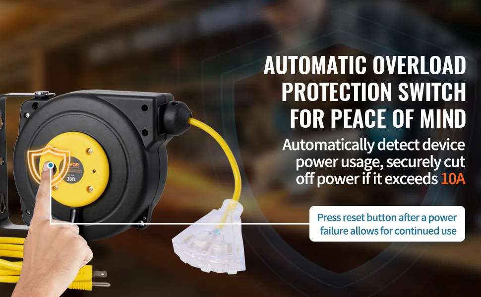 VEVOR Retractable Extension Cord Reel 30 ft Yellow+Black feature 1