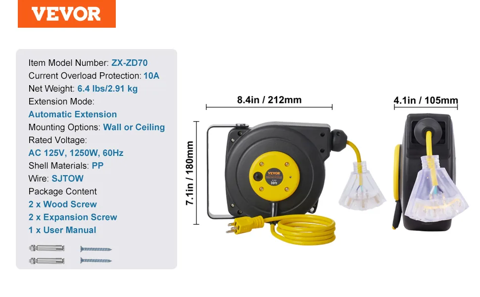 VEVOR Retractable Extension Cord Reel 30 ft Yellow+Black feature 5