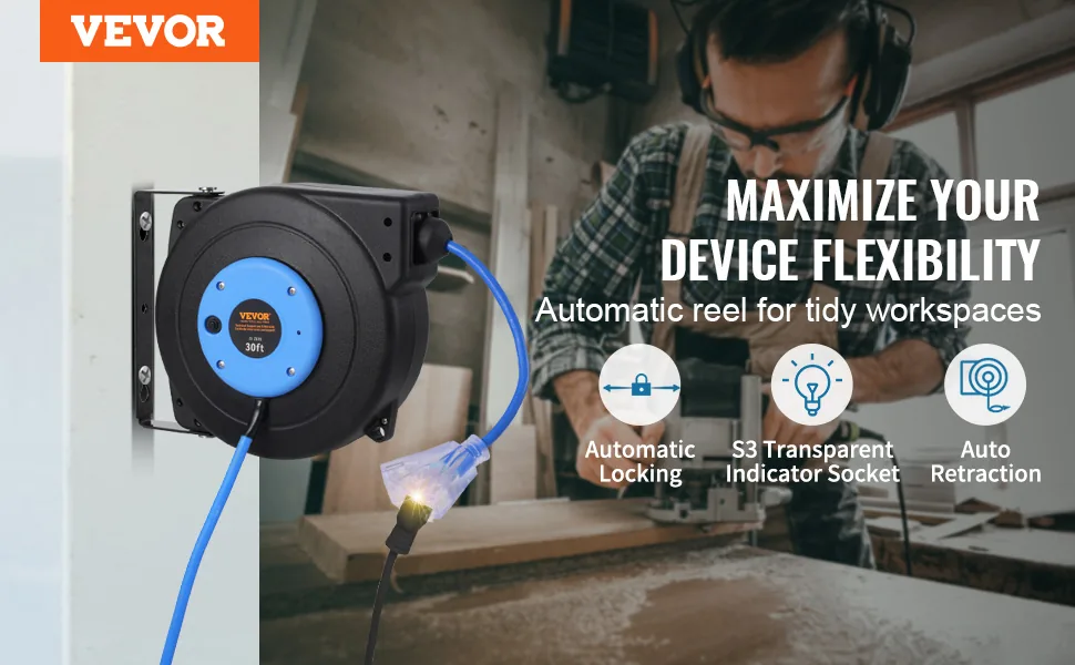 VEVOR Retractable Extension Cord Reel 30 ft Black+Blue overview