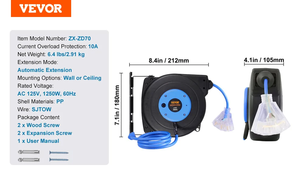 VEVOR Retractable Extension Cord Reel 30 ft Black+Blue feature 5