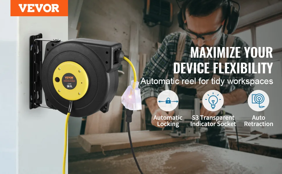 VEVOR Retractable Extension Cord Reel 50 ft Yellow+Black overview