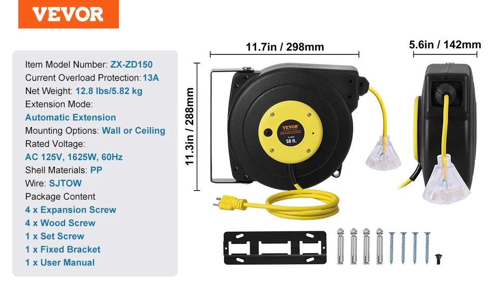 VEVOR Retractable Extension Cord Reel 50 ft Yellow+Black feature 5