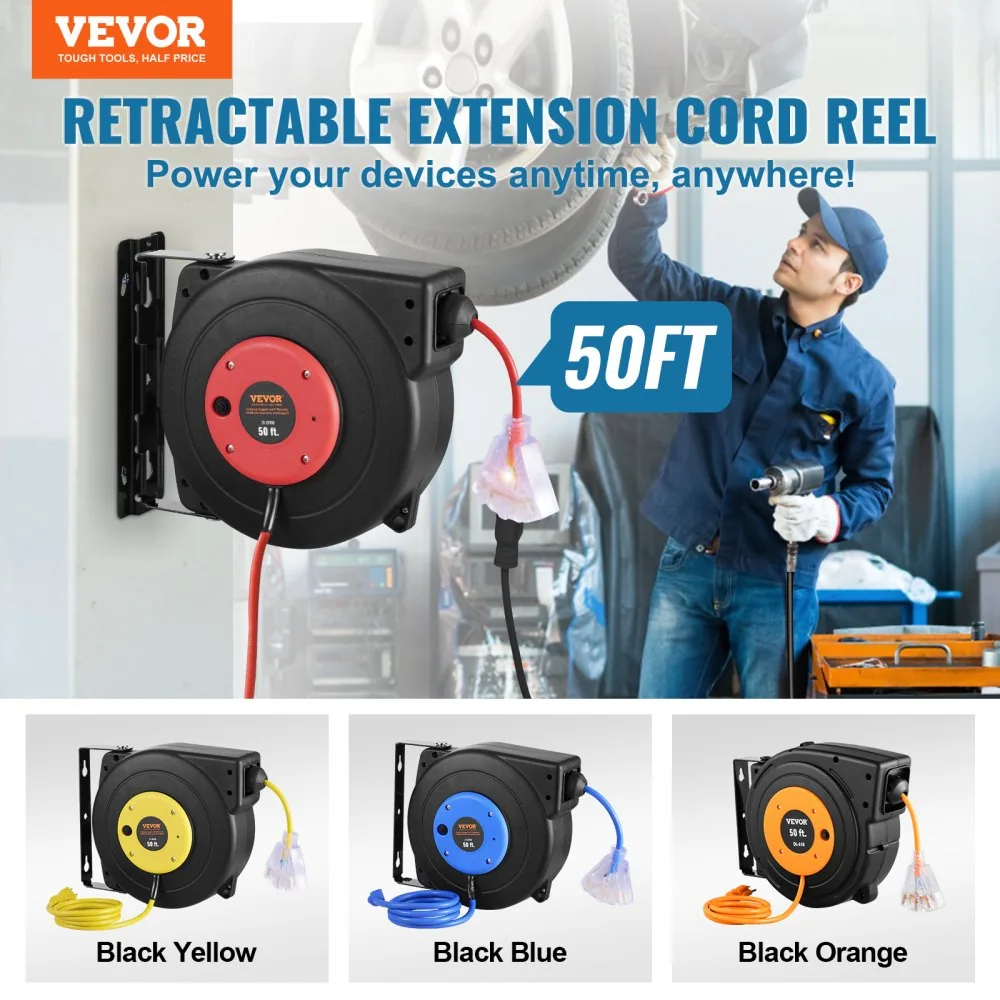 VEVOR Retractable Extension Cord Reel 50 ft Red+Black product image 2