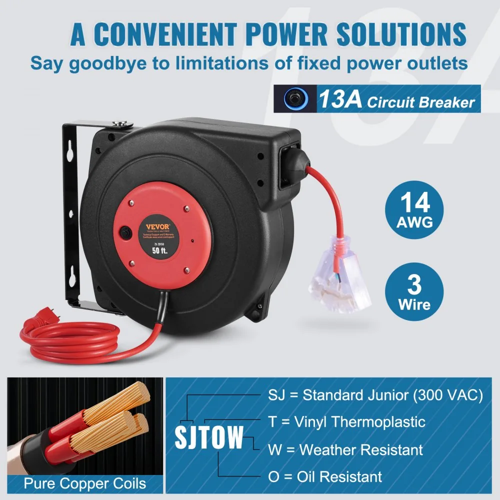 VEVOR Retractable Extension Cord Reel 50 ft Red+Black product image 4
