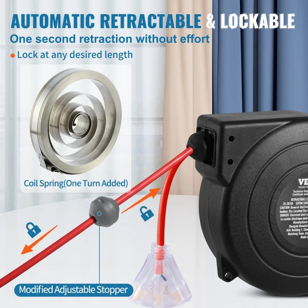 VEVOR Retractable Extension Cord Reel 50 ft Red+Black product image 5