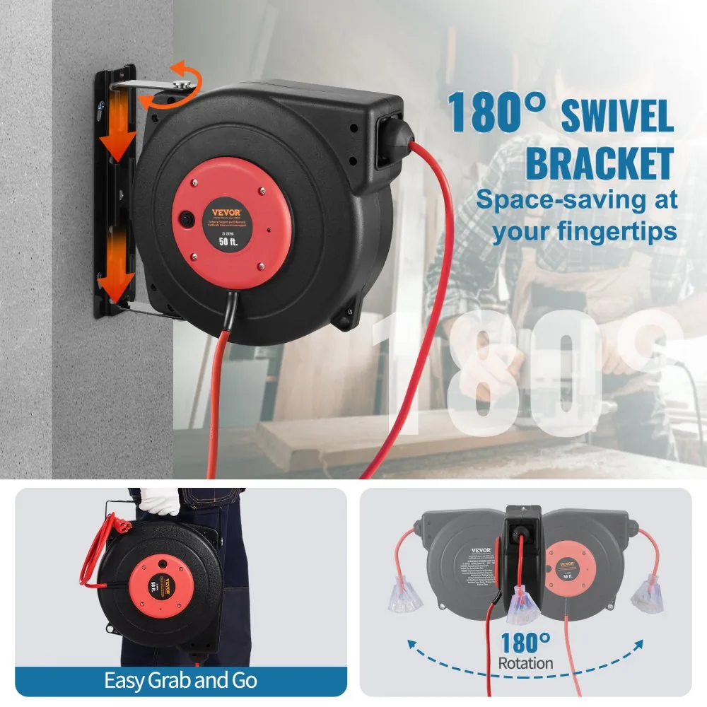 VEVOR Retractable Extension Cord Reel 50 ft Red+Black product image 6