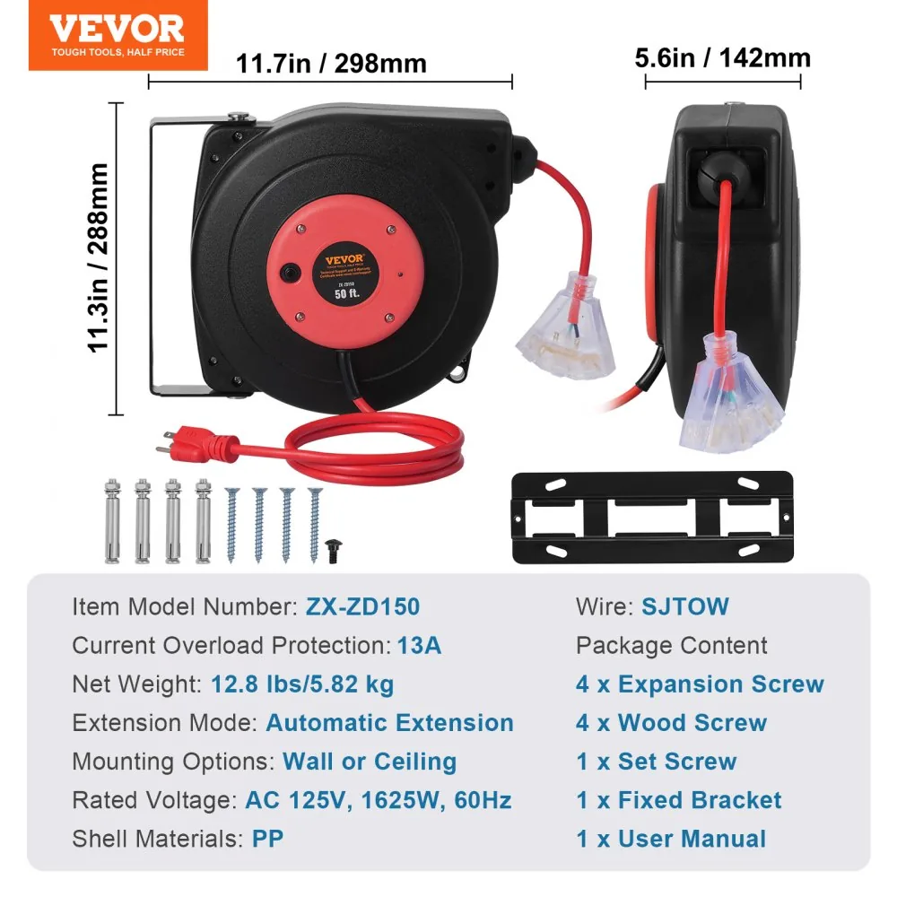VEVOR Retractable Extension Cord Reel 50 ft Red+Black product image 7