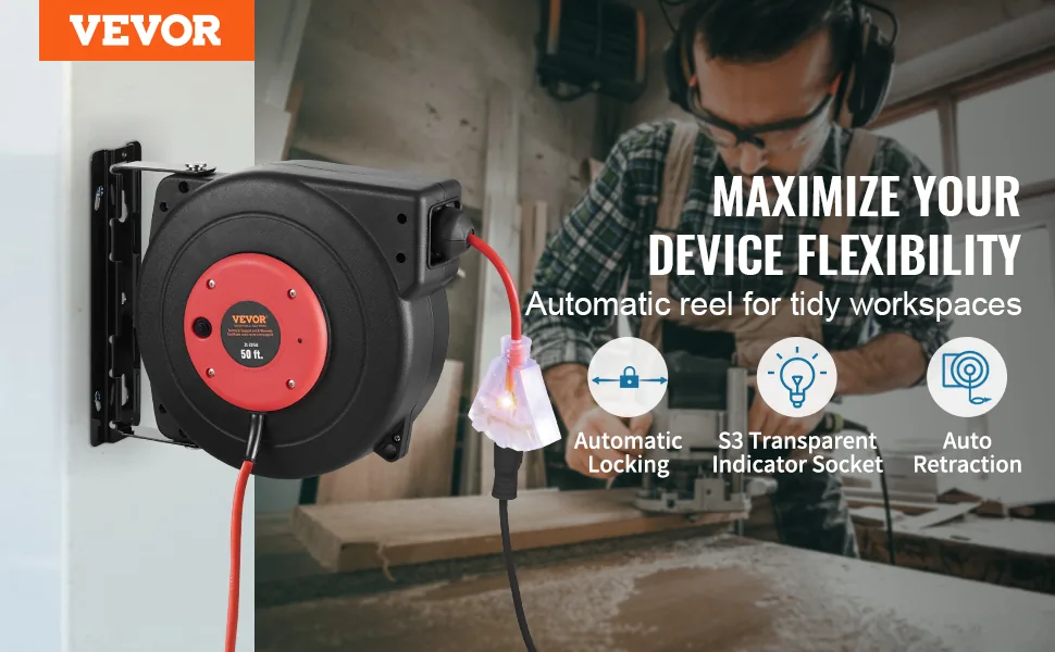VEVOR Retractable Extension Cord Reel 50 ft Red+Black overview