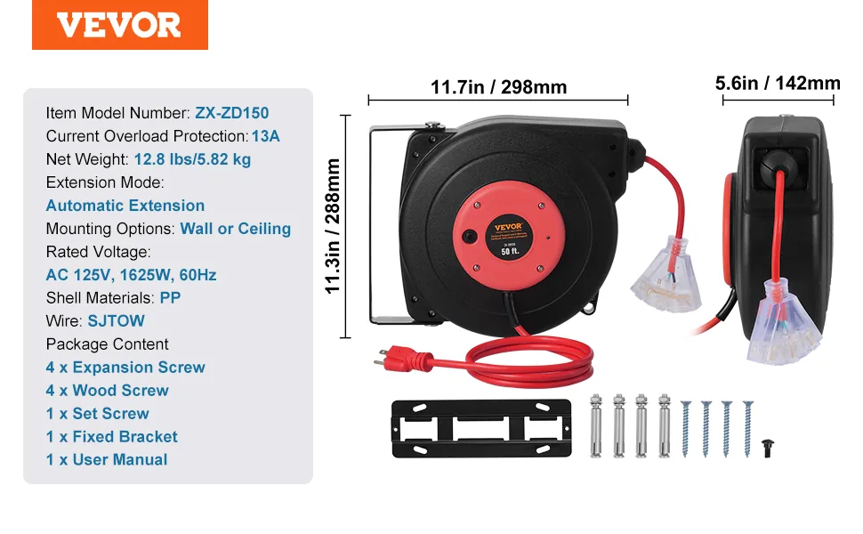 VEVOR Retractable Extension Cord Reel 50 ft Red+Black feature 5