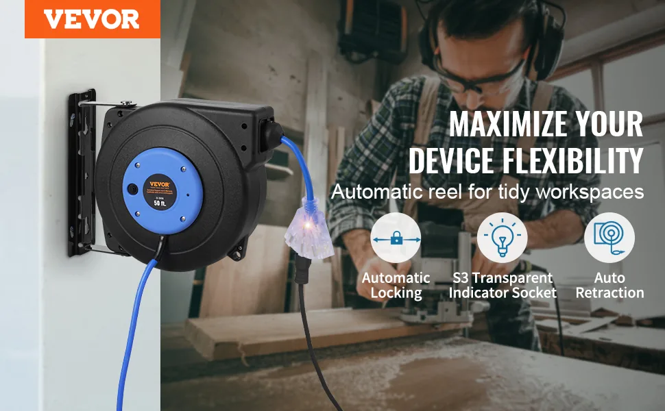 VEVOR Retractable Extension Cord Reel 50 ft Black+Blue overview