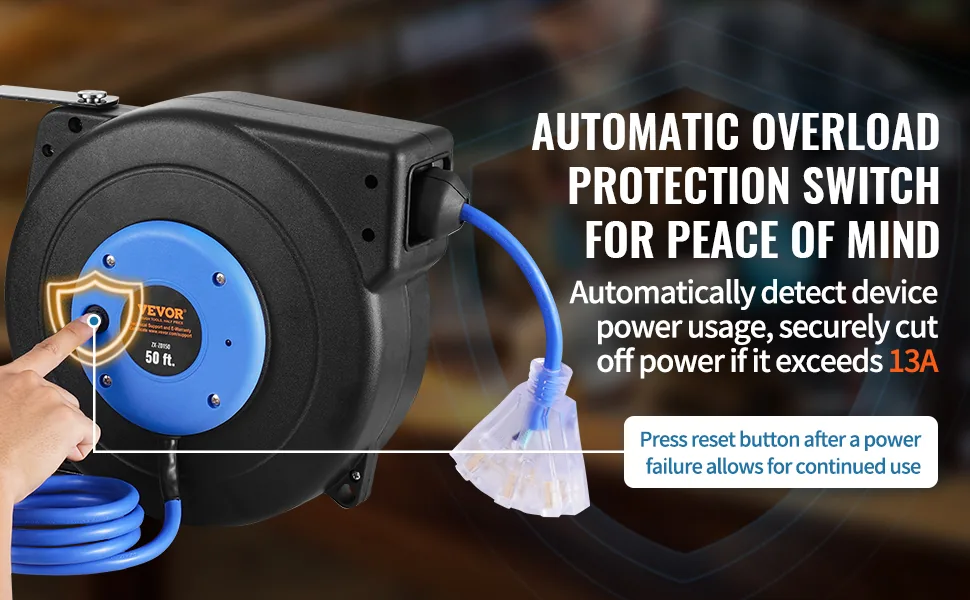 VEVOR Retractable Extension Cord Reel 50 ft Black+Blue feature 1