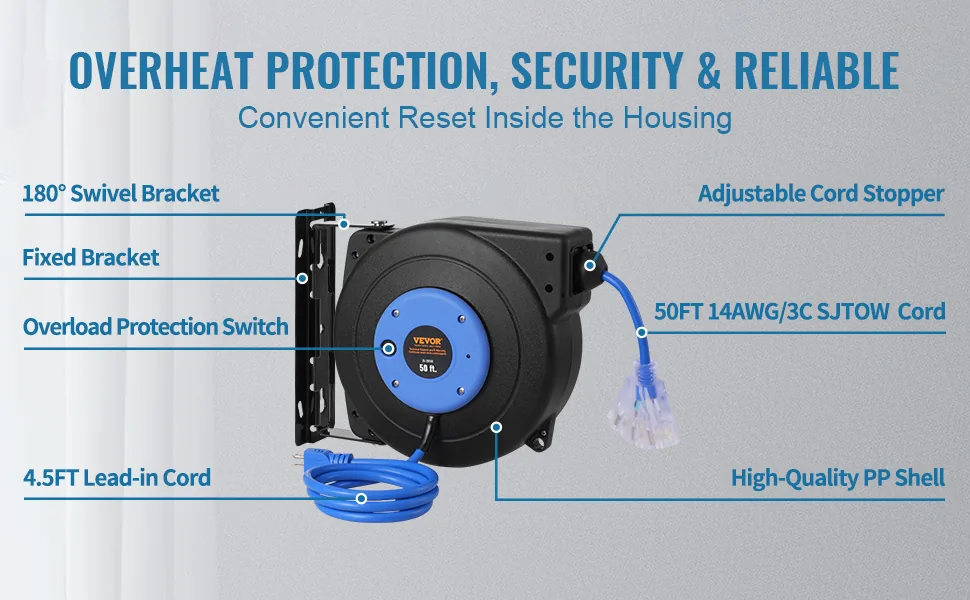 VEVOR Retractable Extension Cord Reel 50 ft Black+Blue feature 3