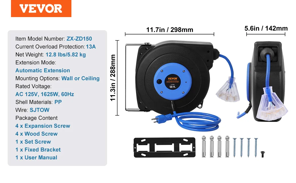 VEVOR Retractable Extension Cord Reel 50 ft Black+Blue feature 5
