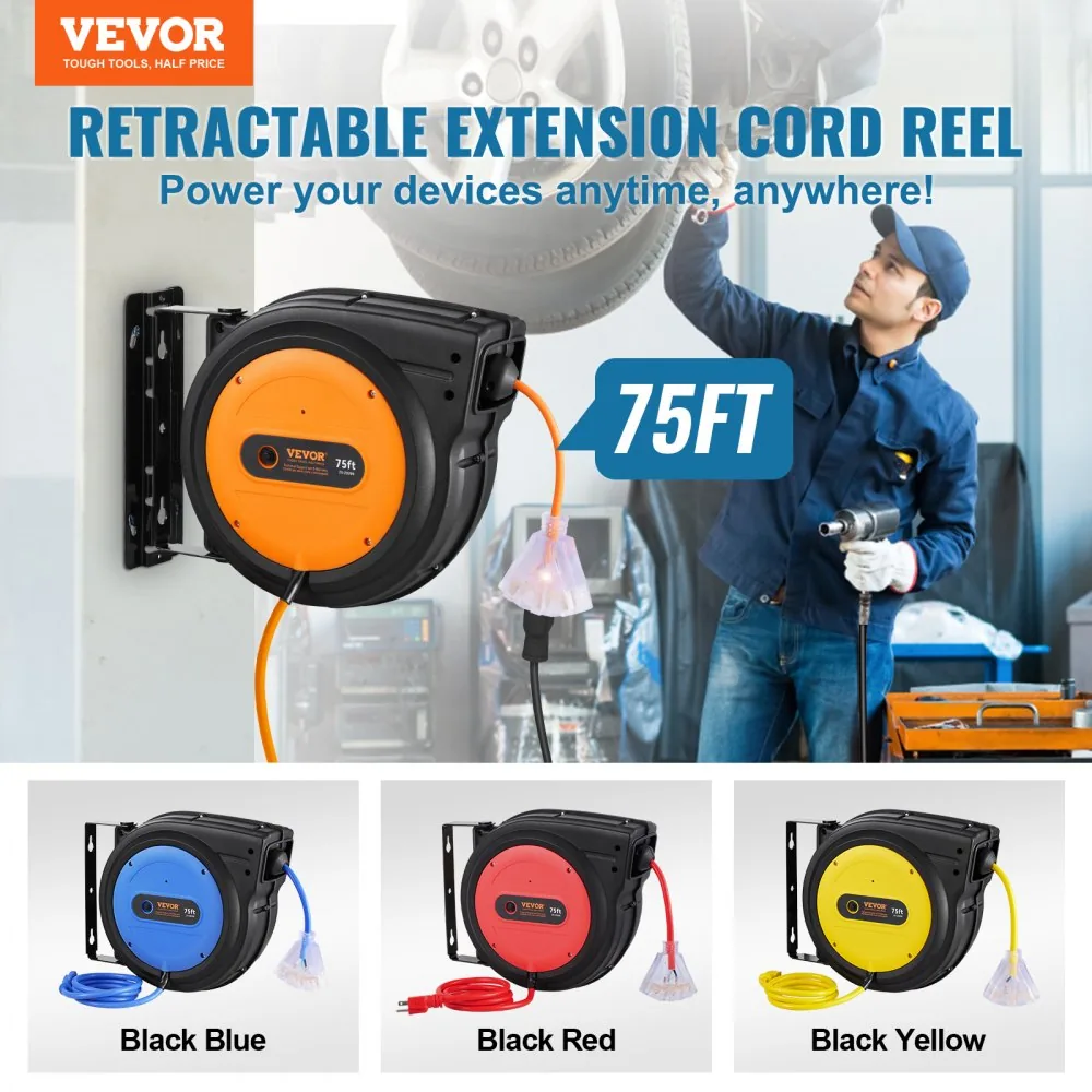 VEVOR Retractable Extension Cord Reel 75 ft Orange+Black product image 2