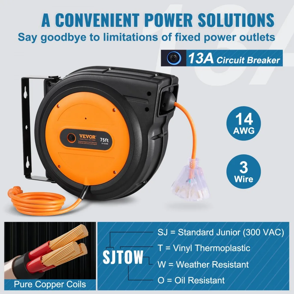 VEVOR Retractable Extension Cord Reel 75 ft Orange+Black product image 4