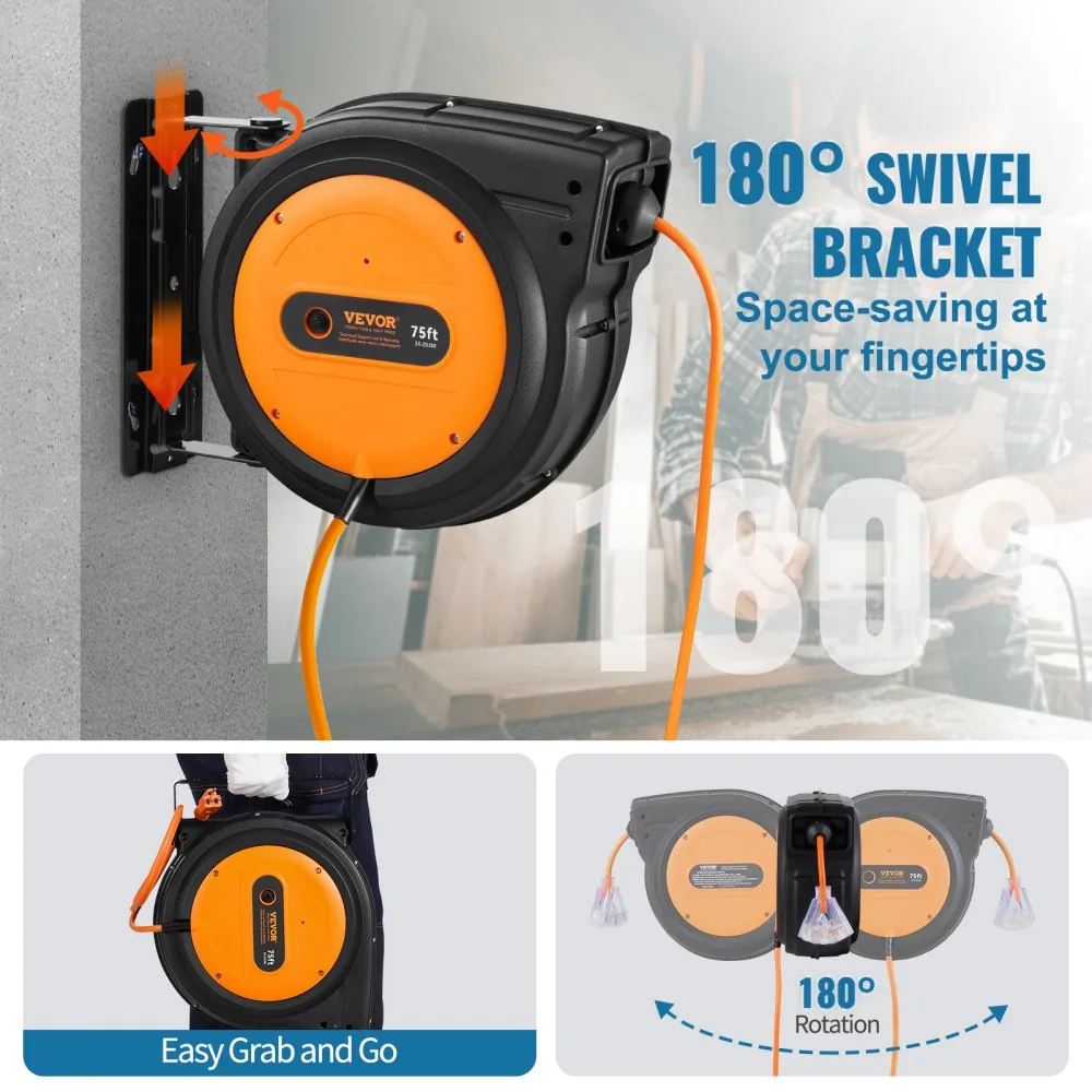 VEVOR Retractable Extension Cord Reel 75 ft Orange+Black product image 6