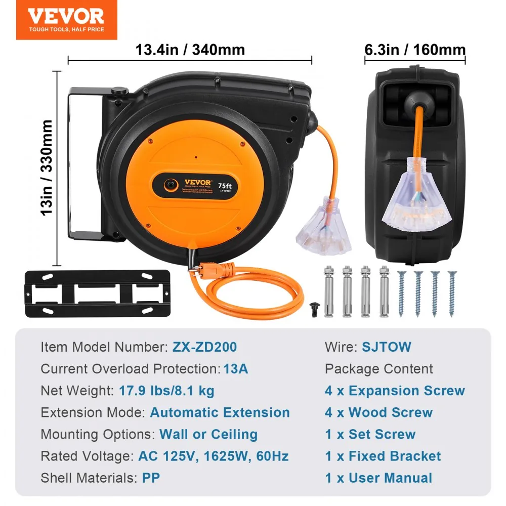 VEVOR Retractable Extension Cord Reel 75 ft Orange+Black product image 7