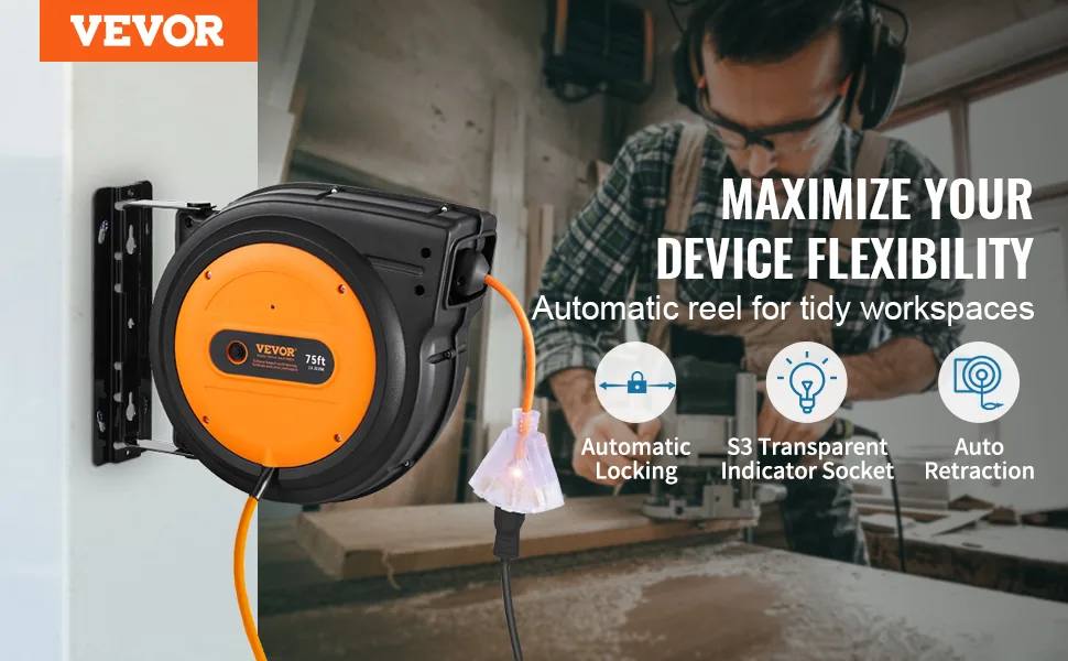 VEVOR Retractable Extension Cord Reel 75 ft Orange+Black overview