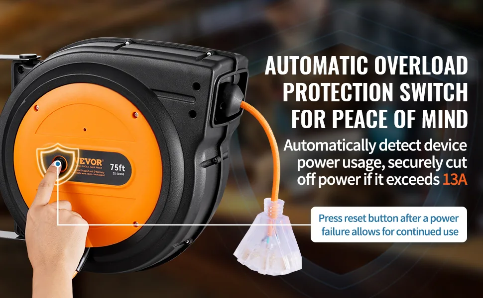 VEVOR Retractable Extension Cord Reel 75 ft Orange+Black feature 1