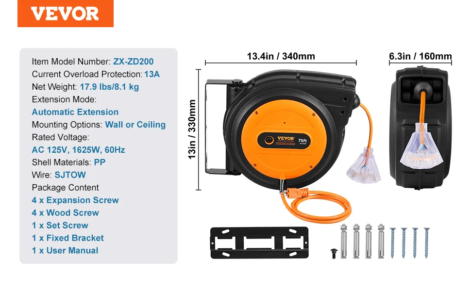 VEVOR Retractable Extension Cord Reel 75 ft Orange+Black feature 5