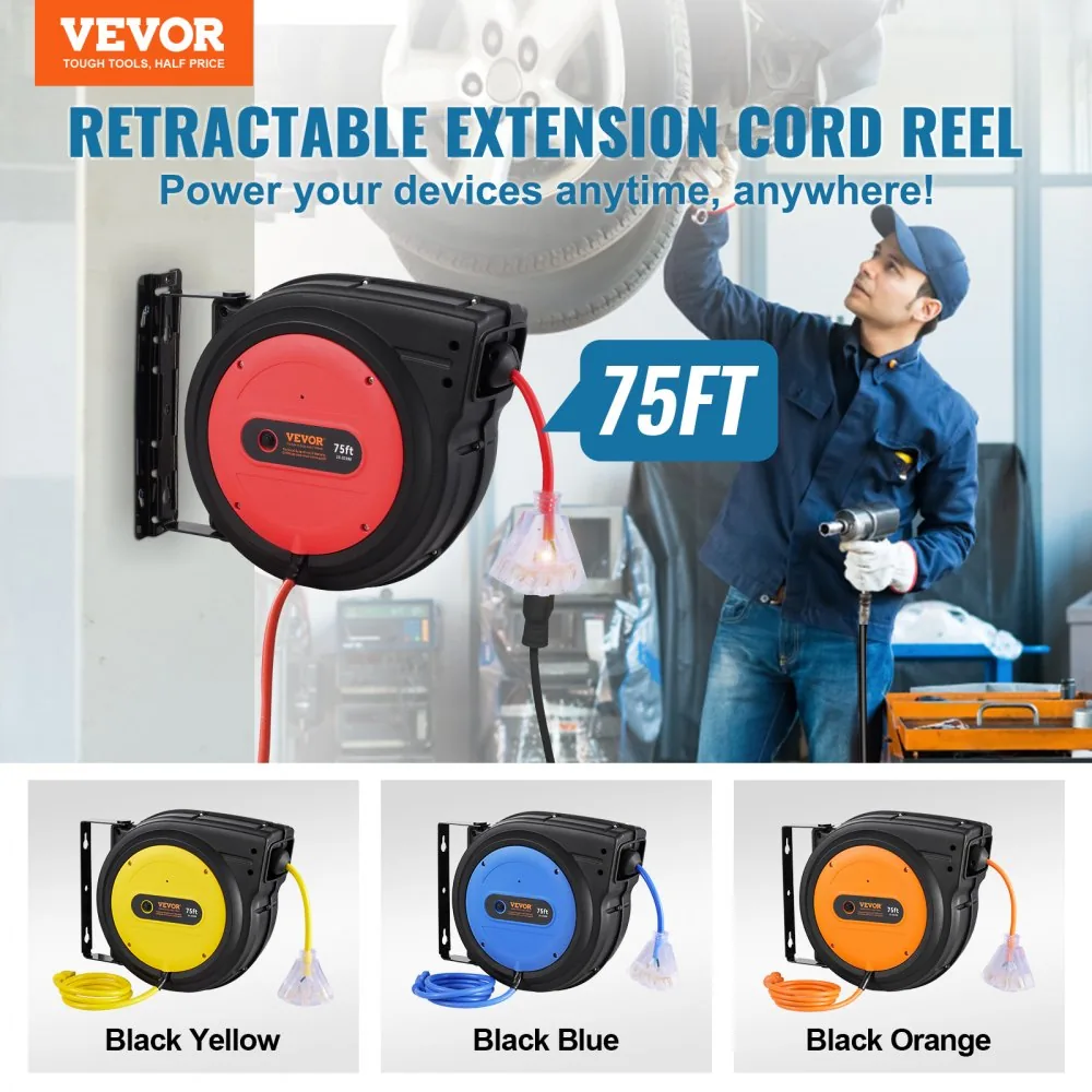VEVOR Retractable Extension Cord Reel 75 ft Red+Black product image 2