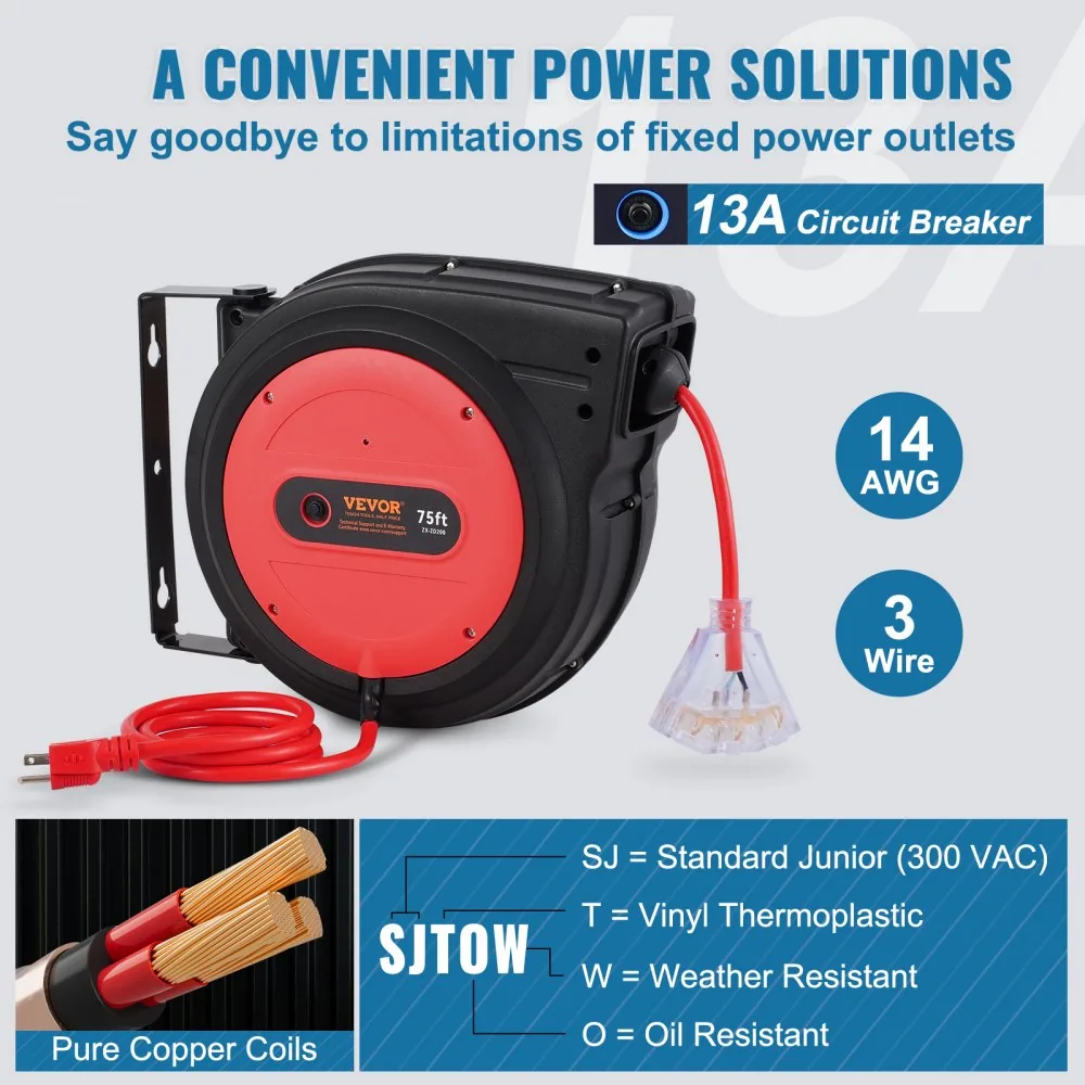 VEVOR Retractable Extension Cord Reel 75 ft Red+Black product image 4