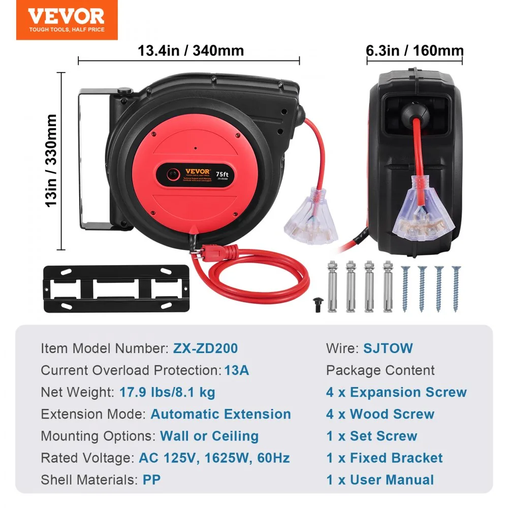 VEVOR Retractable Extension Cord Reel 75 ft Red+Black product image 7