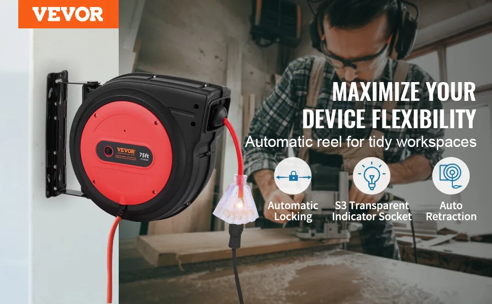 VEVOR Retractable Extension Cord Reel 75 ft Red+Black overview