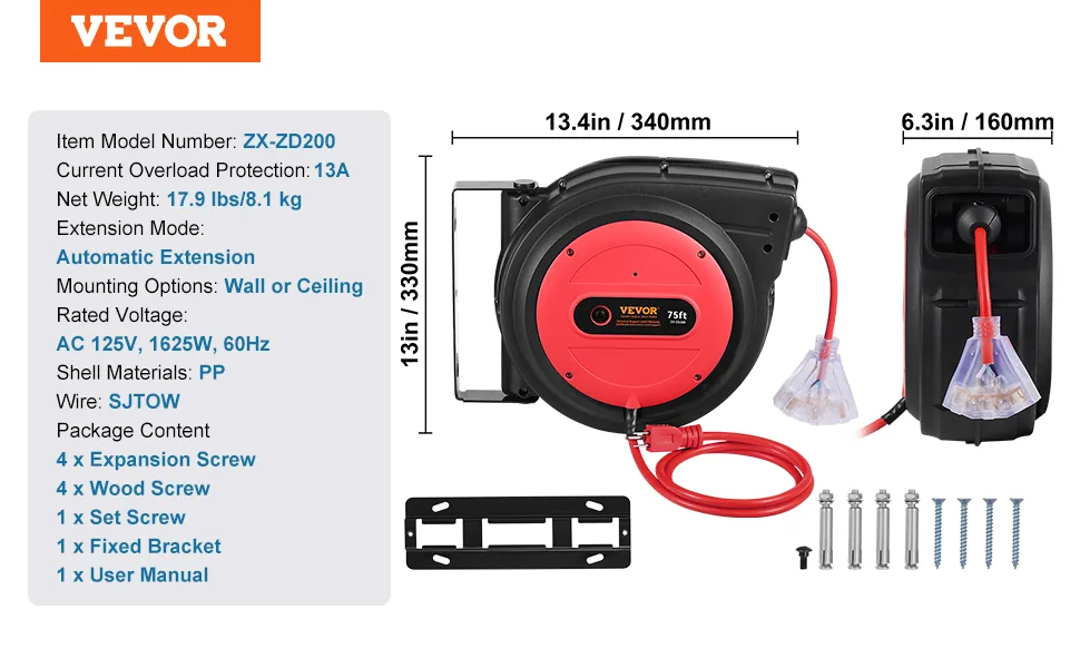 VEVOR Retractable Extension Cord Reel 75 ft Red+Black feature 5