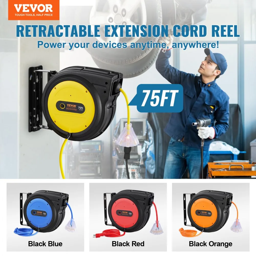 VEVOR Retractable Extension Cord Reel 75 ft Yellow+Black product image 2