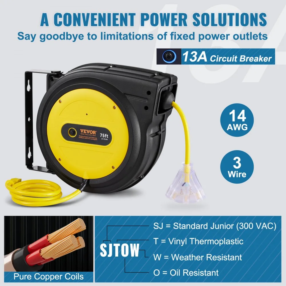 VEVOR Retractable Extension Cord Reel 75 ft Yellow+Black product image 4