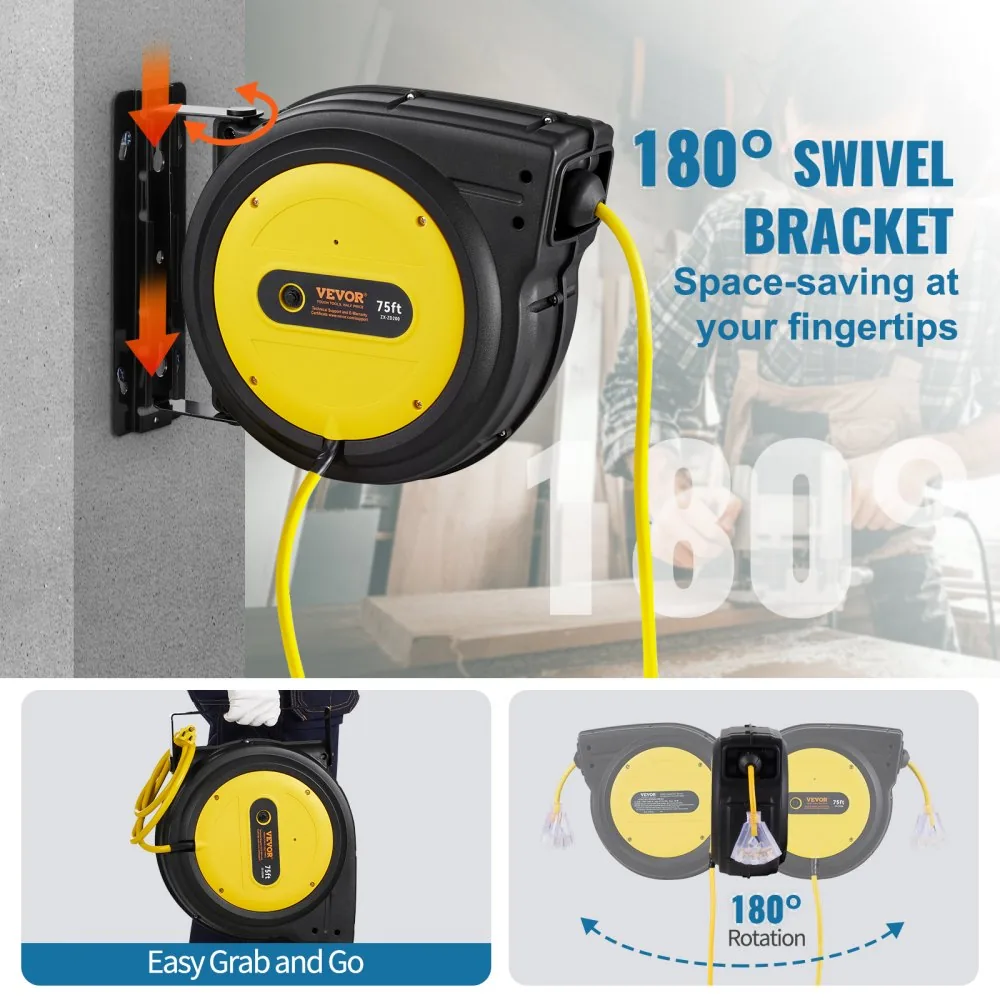VEVOR Retractable Extension Cord Reel 75 ft Yellow+Black product image 6
