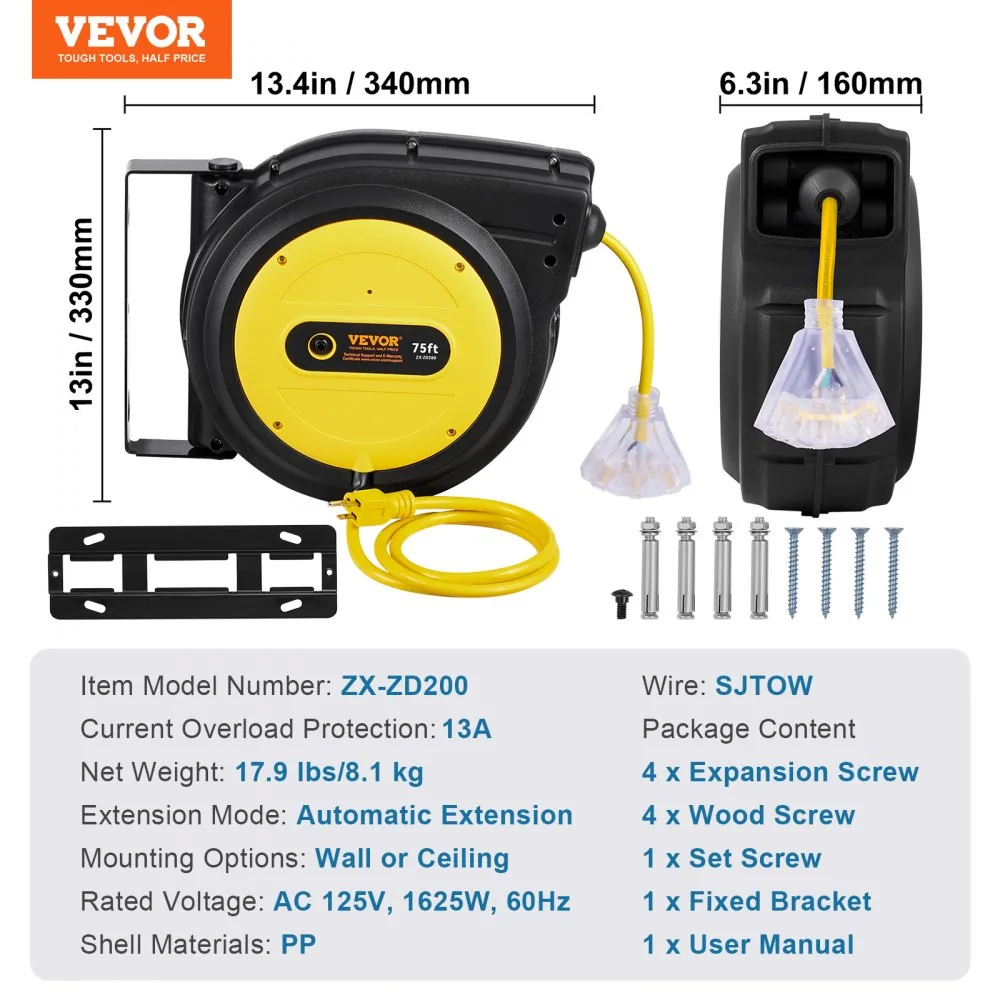 VEVOR Retractable Extension Cord Reel 75 ft Yellow+Black product image 7